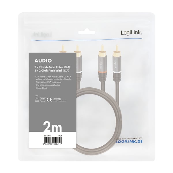 LogiLink CA1204 audiokaapeli 2 m 2 x RCA Musta