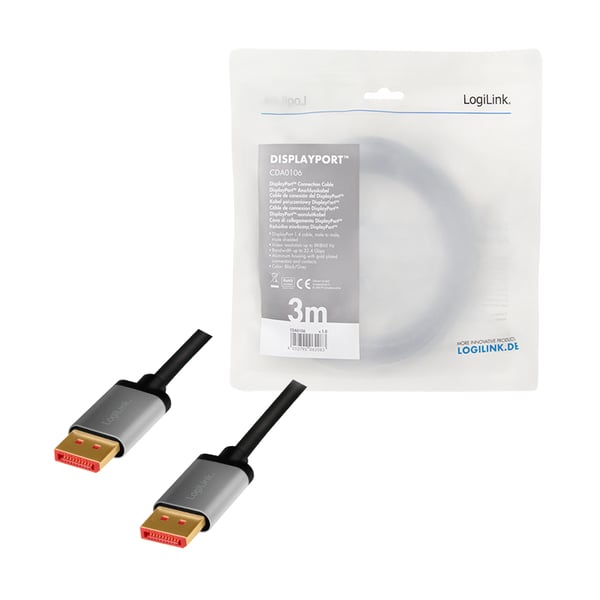 LogiLink CDA0106 DisplayPort-kabel 3 m Svart, Grå