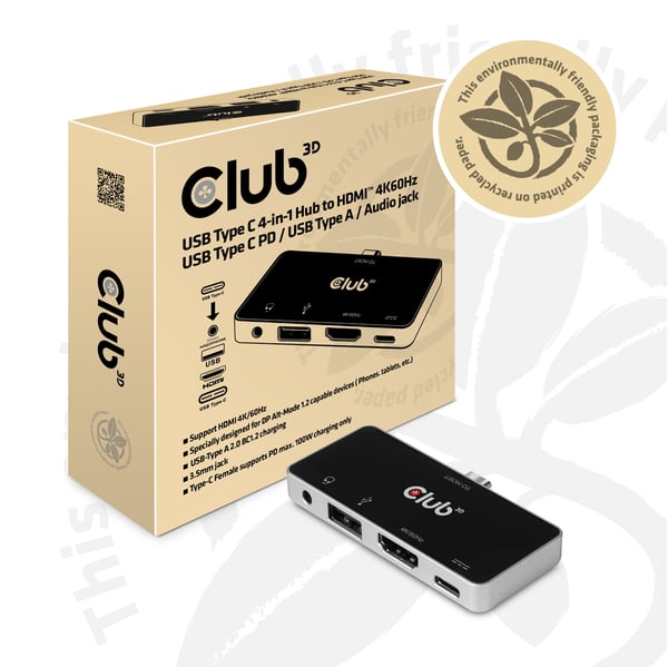 CLUB3D CSV-1591 kannettavien tietokoneiden telakka ja porttitoistin Telakointi USB 3.2 Gen 1 (3.1 Gen 1) Type-C Musta, Kromi