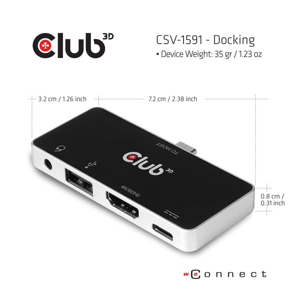 CLUB3D CSV-1591 kannettavien tietokoneiden telakka ja porttitoistin Telakointi USB 3.2 Gen 1 (3.1 Gen 1) Type-C Musta, Kromi