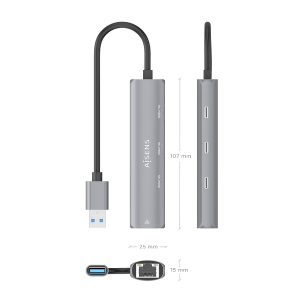 AISENS ASUC-4P037-GR kannettavien tietokoneiden telakka ja porttitoistin Langallinen USB 3.2 Gen 1 (3.1 Gen 1) Type-A Harmaa