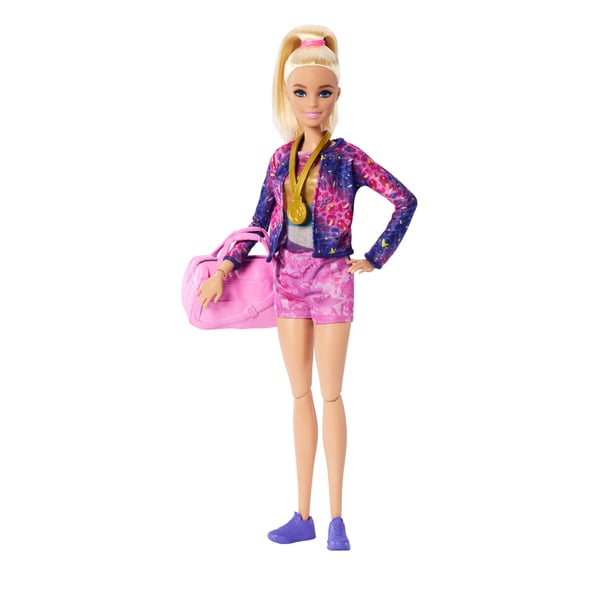 Barbie Gymnastiklegesæt med lyshåret modedukke, balancebom, over 10 stk. tilbehør og saltomortalefunktion