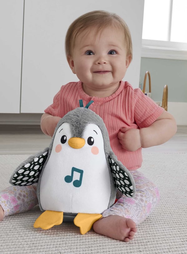 Fisher-Price Fisher-Price-plyslegetøj til leg på maven, vippepingvin, musiklegetøj til nyfødte