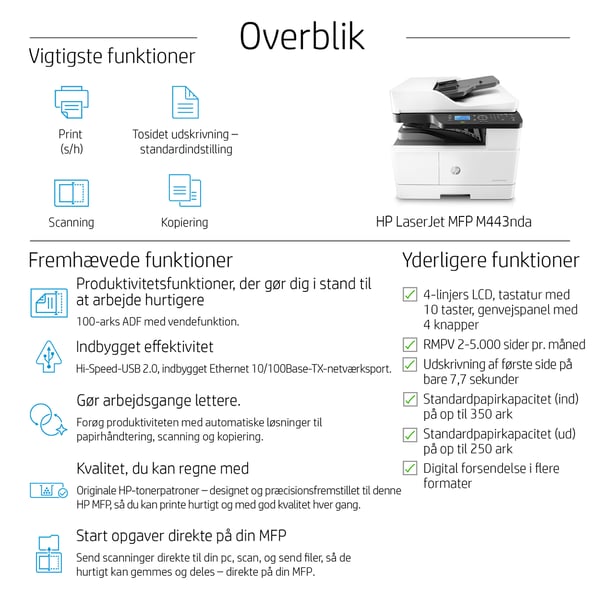 HP LaserJet MFP M443nda Laser A3 1200 x 1200 dpi 24 sider pr. minut