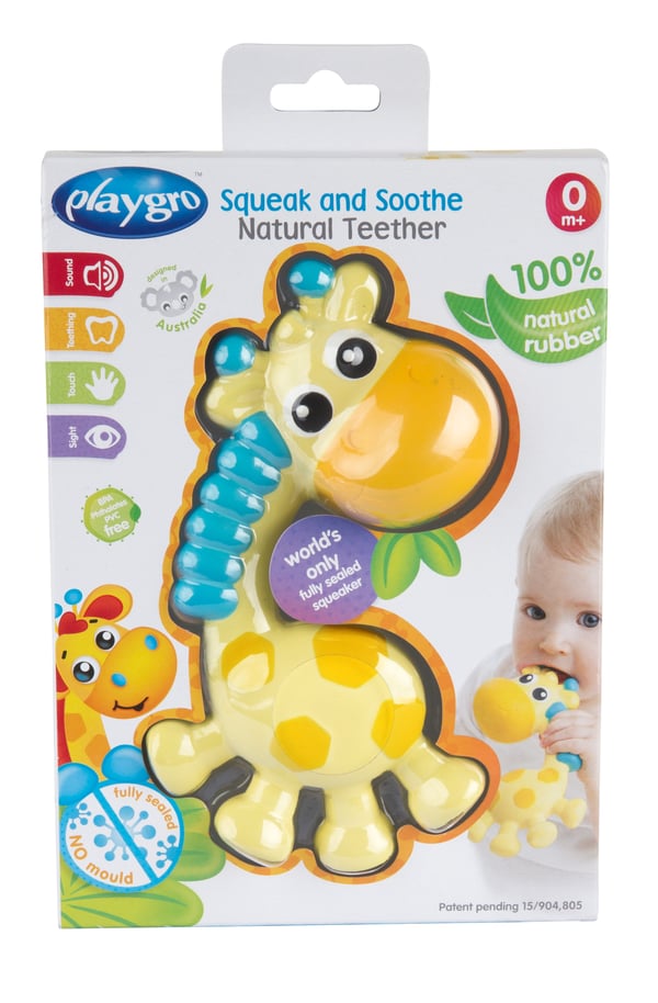 Playgro Squeak And Soothe Natural Teether leksaker till barnvagnsmobil
