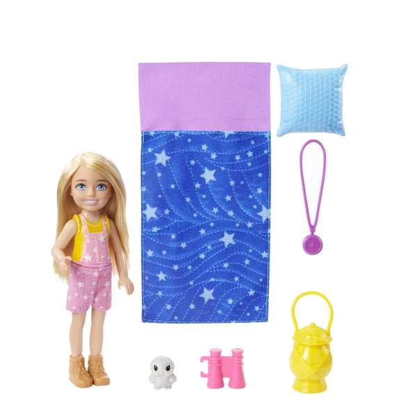 Barbie Dreamhouse Adventures It Takes Two Chelsea-campingdukke med kæleugle og tilbehør, til børn fra 3 til 7 år Barbie Dreamhouse Adventures It Takes Two Chelsea-campingdukke med kæleugle og tilbehør, til børn fra 3 til 7 år