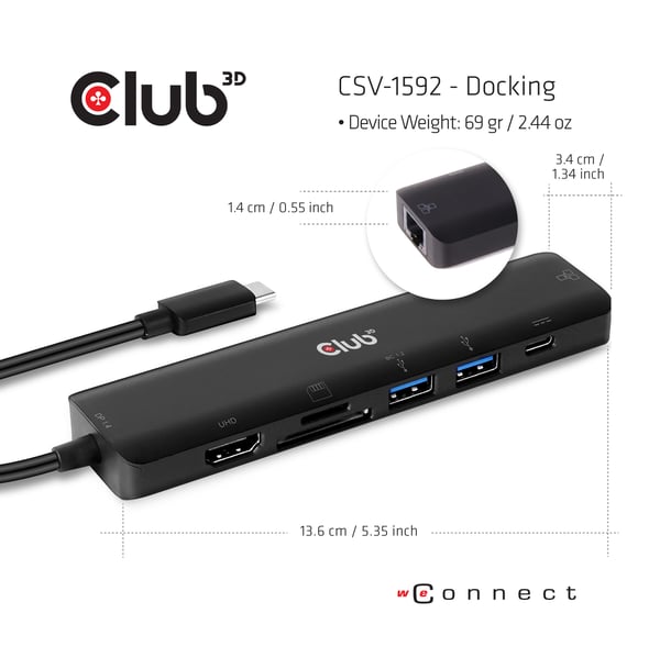CLUB3D CSV-1592 kannettavien tietokoneiden telakka ja porttitoistin Telakointi USB 3.2 Gen 1 (3.1 Gen 1) Type-C Musta