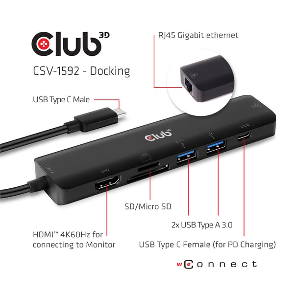 CLUB3D CSV-1592 kannettavien tietokoneiden telakka ja porttitoistin Telakointi USB 3.2 Gen 1 (3.1 Gen 1) Type-C Musta