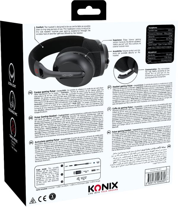 Konix PULSAR Kuulokkeet Langallinen & langaton Pääpanta Pelaaminen USB Type-C Bluetooth Musta