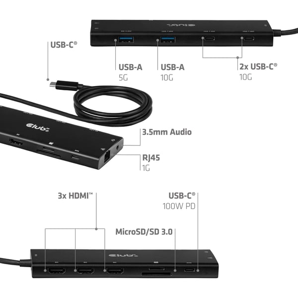 CLUB3D 12-in-1 USB-C® – kolmois-HDMI™-jakaja, DP 2.1, PD 3.0, 100 W, 1 m
