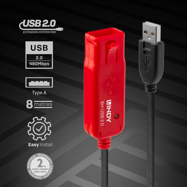 Lindy 42780 USB-kaapeli USB 2.0 8 m USB A Musta