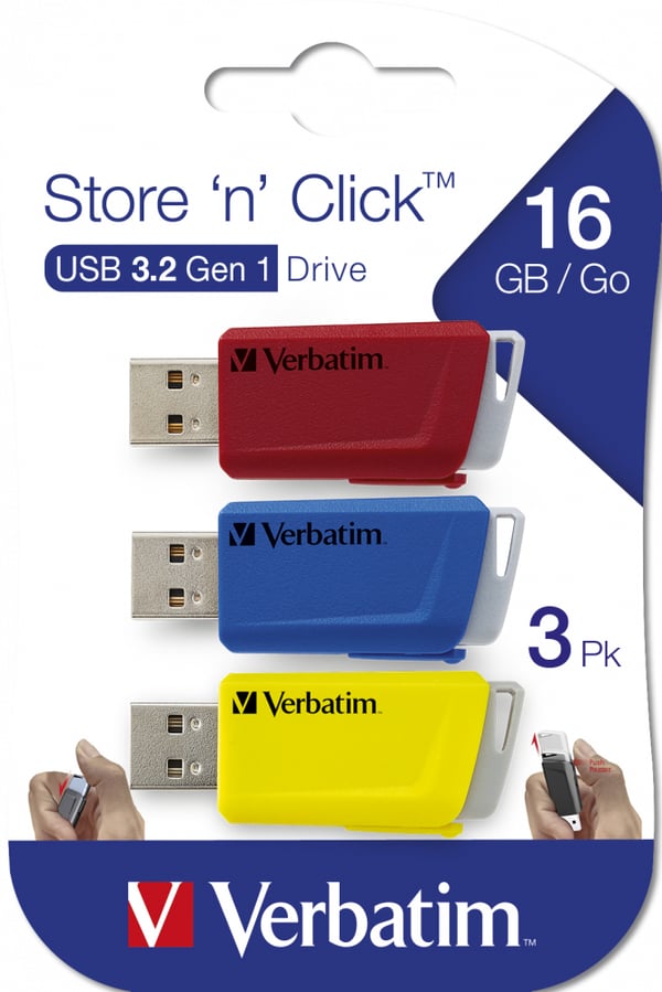 Verbatim Store ‘n’ Click USB-muisti 16 GB USB A-tyyppi 3.2 Gen 1 (3.1 Gen 1) Sininen, Punainen, Keltainen