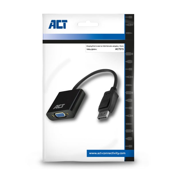 ACT AC7515 videokabel adapter 0,15 m DisplayPort VGA (D-Sub) Sort