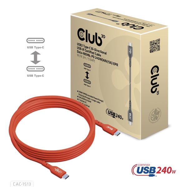 CLUB3D CAC-1513 USB-kabel USB 2.0 3 m USB C 240 W Orange