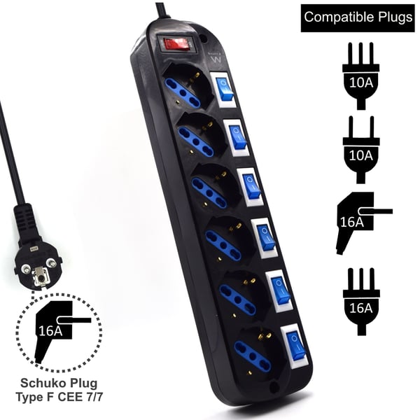 Ewent EW3851 ylijännitesuoja Musta 6 AC-pistorasia(a) 220 V 1,5 m
