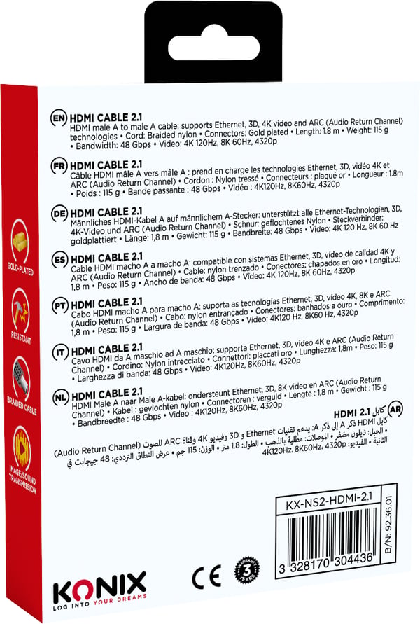 Konix 61889000092 HDMI-kaapeli 1,8 m HDMI-tyyppi A (vakio) Musta