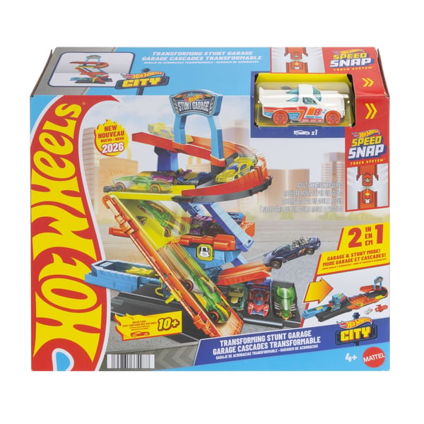 Hot Wheels City -legesæt med transformerende stuntgarage og metalstøbt legetøjsbil i størrelsesforholdet 1:64 med hop
