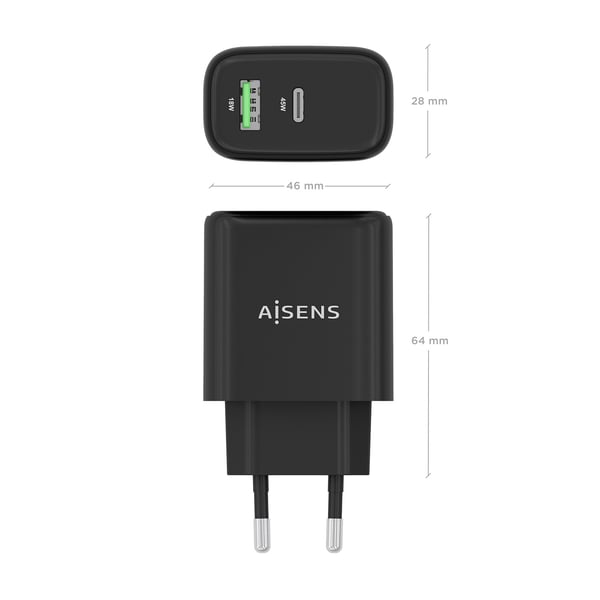 AISENS A110-0972 oplader til mobil enhed Digitalt kamera, GPS, Mobiltelefon, Laptop, Smartphone, Tablet, Universel Sort Vekselstrøm Hurtig opladning Indendørs