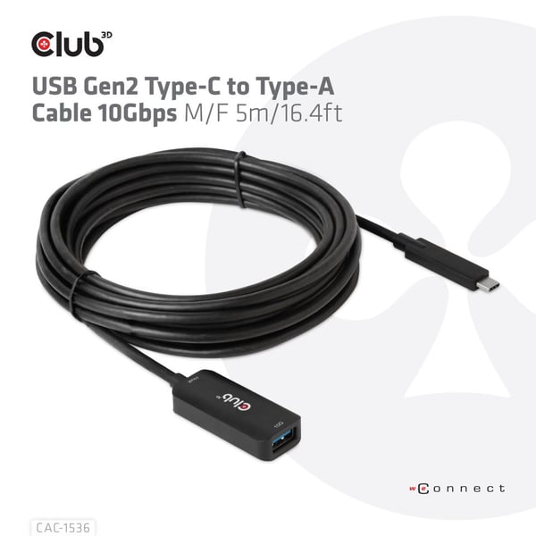 CLUB3D CAC-1536 USB-kabel USB 3.2 Gen 2 (3.1 Gen 2) 5 m USB C USB A 10 Gbit/sek. Sort