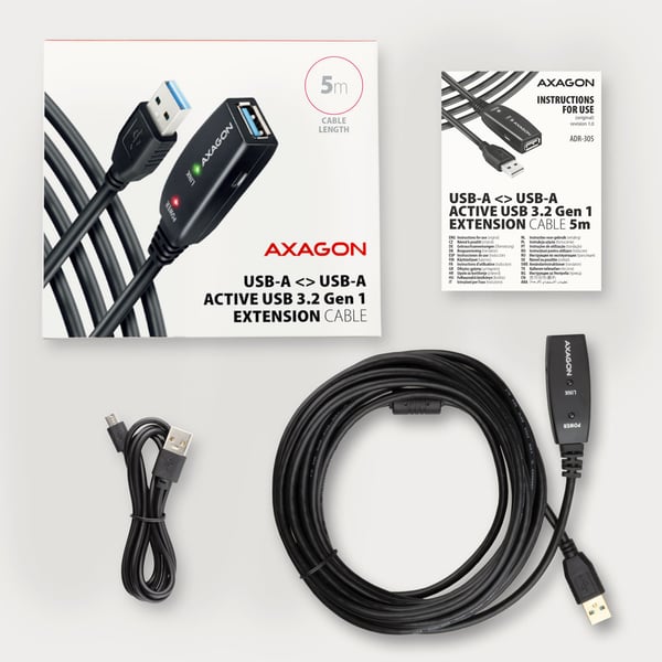 Axagon ADR-305 USB 3.2 Gen 1 A-M -> A-F active extension/repeater cable 5m - Kabel - Digital/Daten USB-kabel USB 3.2 Gen 1 (3.1 Gen 1) USB A 5 Gbit/sek. Sort