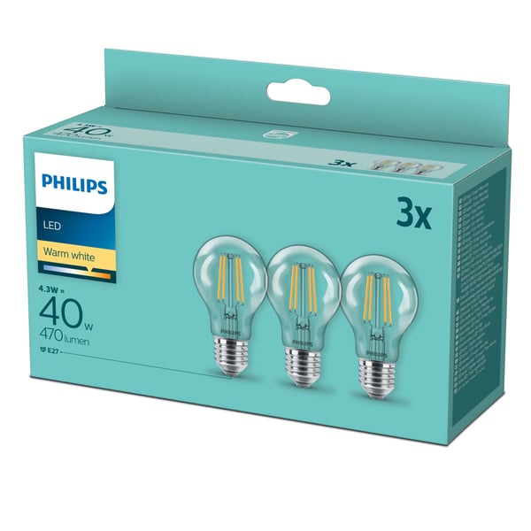 Philips Filamentljuskälla klar 40 W A60 E27 x3