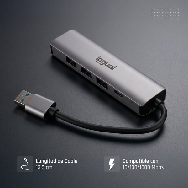 iggual IGG320778 kannettavien tietokoneiden telakka ja porttitoistin Langallinen USB 3.2 Gen 1 (3.1 Gen 1) Type-A Harmaa