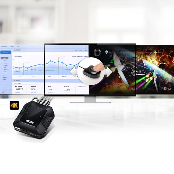 ATEN 2-portars USB 4K KVM-switch med HDMI-kabel och fjärrportsväljare