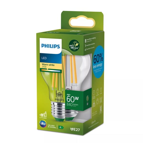 Philips Filament pære, klar 60 W A60 E27