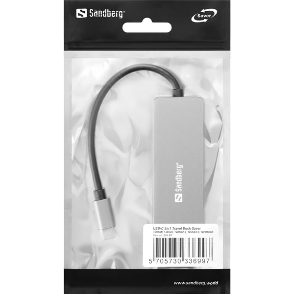 Sandberg 336-99 kannettavien tietokoneiden telakka ja porttitoistin Langallinen USB 3.2 Gen 1 (3.1 Gen 1) Type-C Hopea