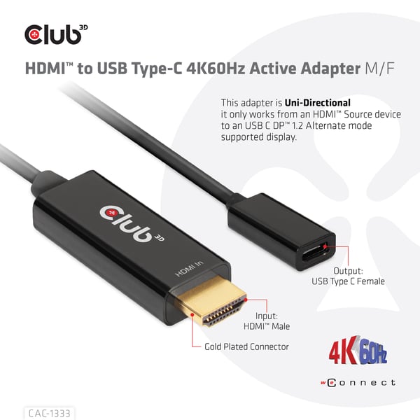 CLUB3D CAC-1333 videokabeladapter 0,22 m HDMI Typ A (standard) USB Type-C Svart