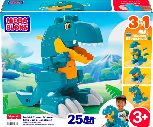 MEGA BLOKS Fisher-Price Bygg och tugga-dinosaurie, T-Rex-leksak med klossar och rullande hjul (25 delar) för barn