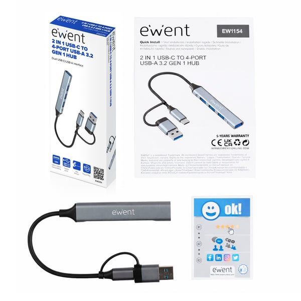 Ewent EW1154 interface hub USB 3.2 Gen 1 (3.1 Gen 1) Type-A + Type-C Grå
