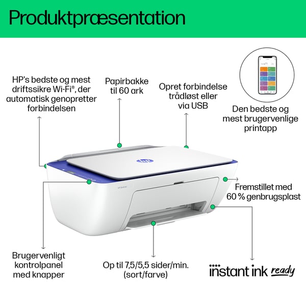 HP DeskJet 2821e Trådløst All-in-One Farve Printer, Instant Ink; Kopimaskine, scanner