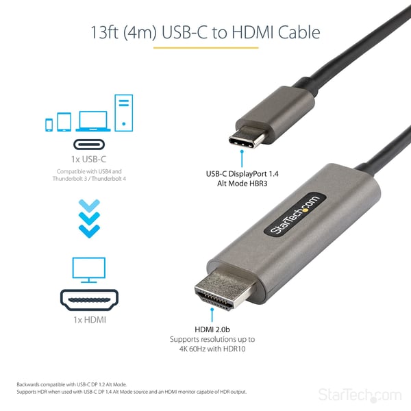 StarTech.com 4 m USB-C til HDMI-kabel 4K 60 Hz med HDR10 - Ultra HD-videoskærmadapterkabel - DP 1.4 Alt M