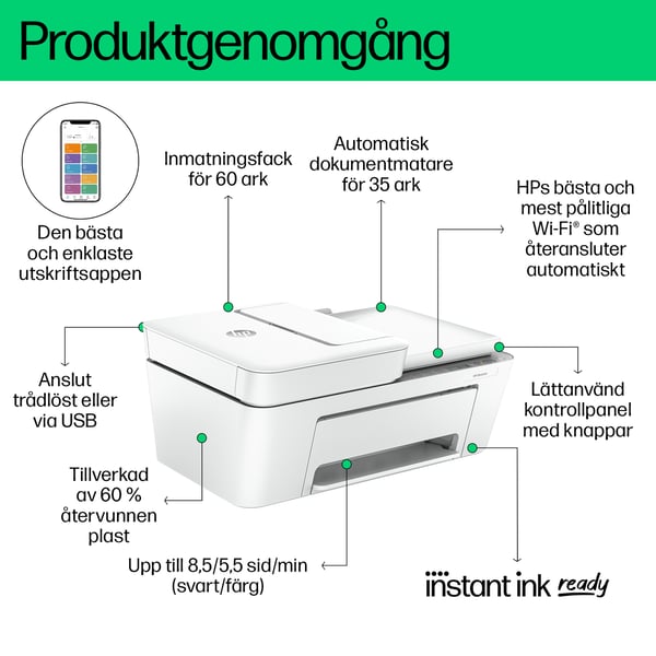HP DeskJet 4220e Trådlöst All-in-One Färg Skrivare, Instant Ink; Kopiator och skanner