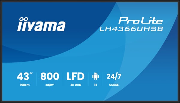 iiyama LH4366UHSB-B1AG infonäyttö Digitaalinen litteä infotaulu 109,2 cm (43") LCD Wi-Fi 800 cd/m² 4K Ultra HD Musta Sisäänrakennettu prosessori Android 24/7