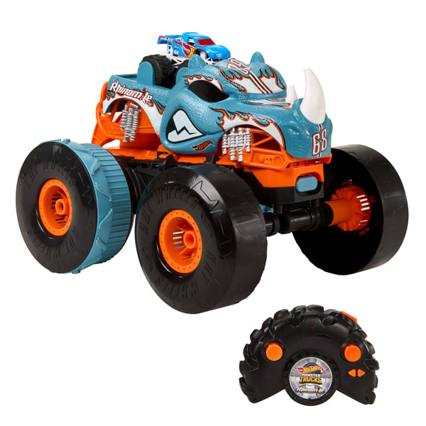 Hot Wheels Monster Trucks HW Transforming Rhinomite RC i skala 1:12 med leksaksbil i skala 1:64