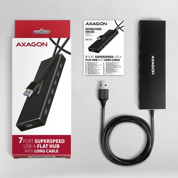 Axagon HUE-F7A 7x USB 3.2 Gen 1 ALU FLAT hub micro power IN 1m USB-A USB 3.2 Gen 1 (3.1 Gen 1) Type-A 5000 Mbit/s Musta