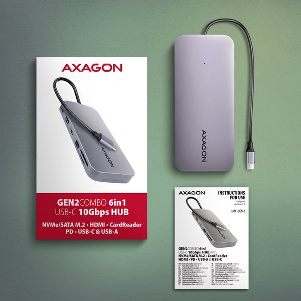 Axagon HMC-6GM2 USB 10Gbps hub USB-A USB-C HDMI M.2 SD/mSD PD 100W USB-C Langallinen USB 3.2 Gen 2 (3.1 Gen 2) Type-C Harmaa