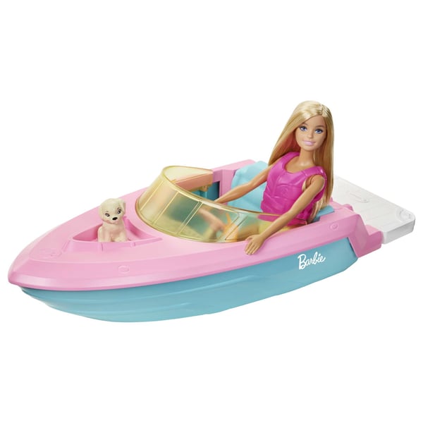 Barbie Barbie-dukke og -båd med hund og tilbehør, flyder på vand, til 3 til 7-årige