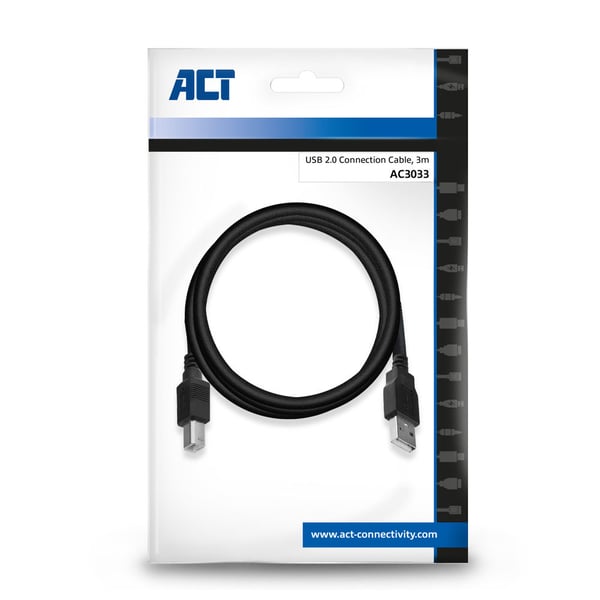 ACT AC3033 USB-kabel USB 2.0 3 m USB A USB B 0,48 Gbit/sek. Sort