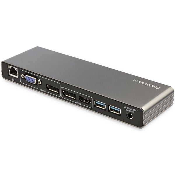 StarTech.com Thunderbolt 3-dockningsstation - TB3-dockningsstation till bärbara datorer för 60 Hz dubbla 4K-skärmar, inkluderar DisplayPort, HDMI och 1080p VGA - 85 W strömförsörjning och laddning - 2x USB-A, Ethernet - Mac och Windows