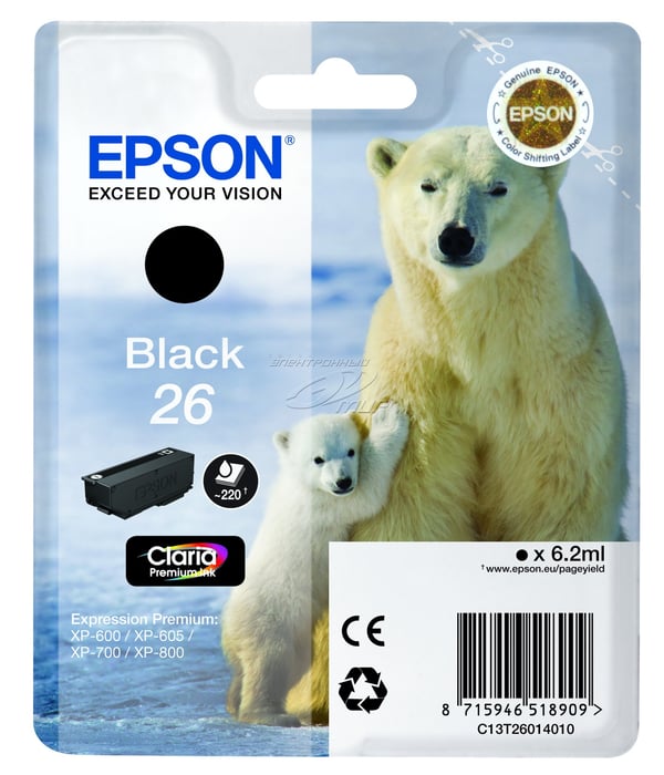 Epson Polar bear Yksittäispakkaus, musta 26 Claria Premium -muste