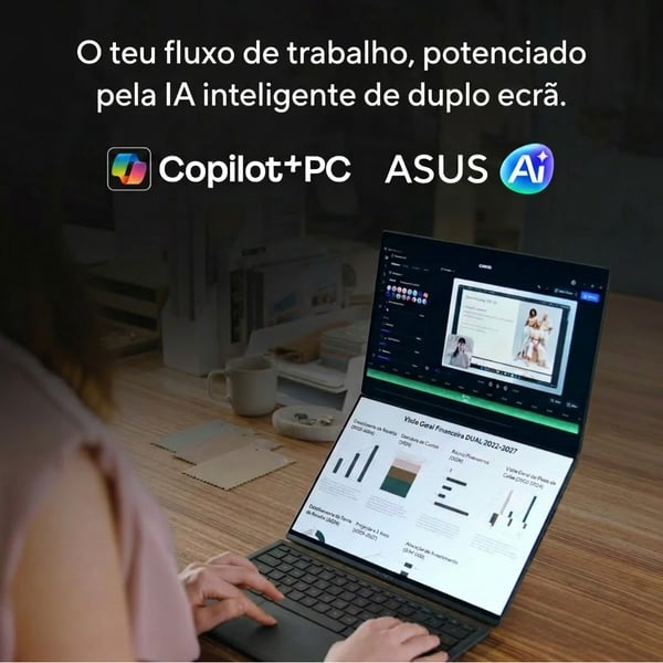 ASUS Zenbook Duo UX8407AA-U93BOHDCP1 Copilot+ PC Intel Core Ultra 9 386H Hybrid (2-i-1) 35,6 cm (14") Berøringsskærm WQXGA+ 32 GB LPDDR5x-SDRAM 1 TB SSD Wi-Fi 7 (802.11be) Windows 11 Pro Grå QWERTY Portugisisk
