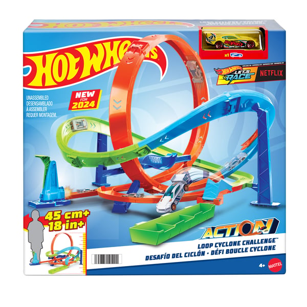 Hot Wheels Action Loop Cyclone Challenge-banset med leksaksbil i skala 1:64, enkel förvaring