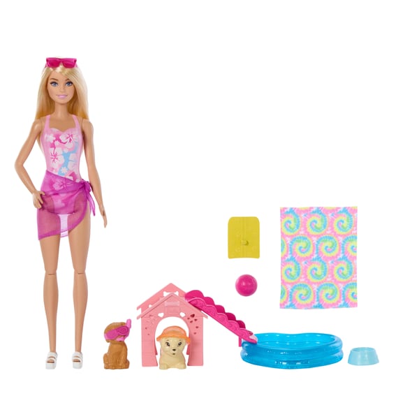 Barbie Barbie-legesæt med hvalpepoolparty og dukke, pool, hundehus og rutsjebane, 2 dyrefigurer og 6 stk. tilbehør
