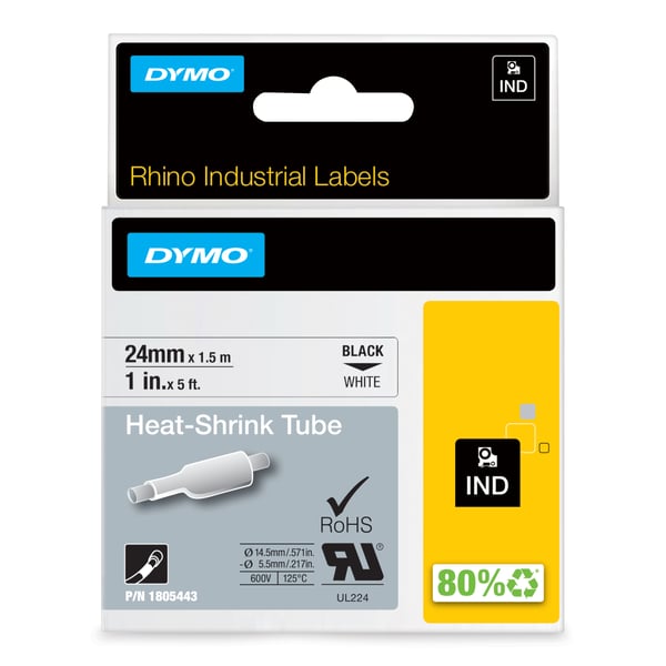 DYMO Industriella Rhino-krympslangar | 24 mm × 1,5 m | Svart text på vit tejp | Självhäftande | För Rhino-etikettskrivare