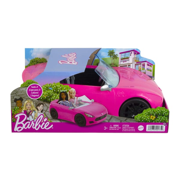 Barbie Kaksipaikkainen vaaleanpunainen -avoauto, jossa on pyörivät pyörät, 3–7-vuotiaille