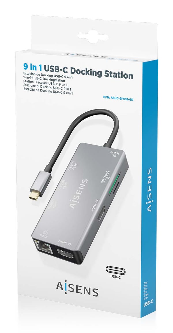 AISENS ASUC-9P018-GR kannettavien tietokoneiden telakka ja porttitoistin Langallinen USB 3.2 Gen 1 (3.1 Gen 1) Type-C Harmaa