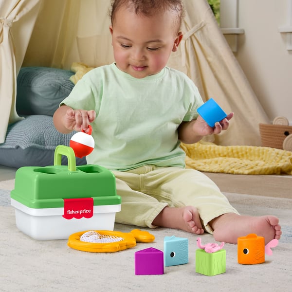 Fisher-Price Kompisskogens fiskelåda, babyleksak med 6 klossar och fisknät